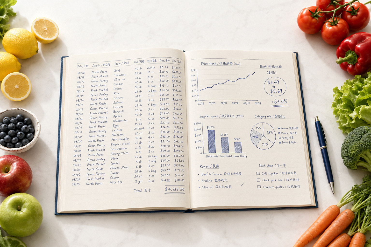 An open purchasing ledger filled with purchase entries and analysis, surrounded by fresh produce on a white tabletop