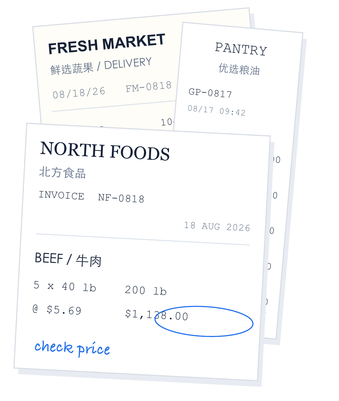 Three overlapping supplier invoices with line items, quantities, prices, and handwritten notes